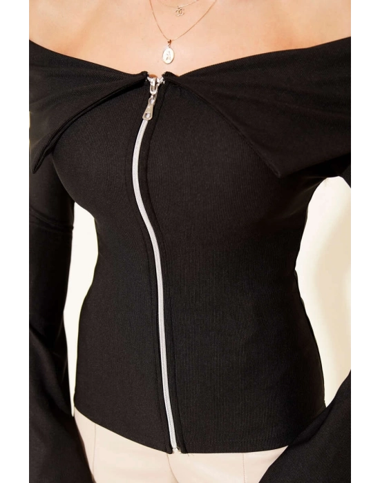 Omzu Açık Fermuarlı Bluz Siyah T4330