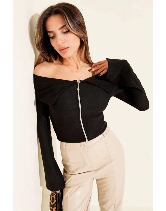Omzu Açık Fermuarlı Bluz Siyah T4330