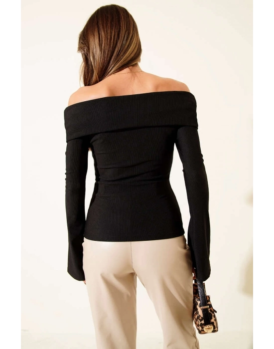 Omzu Açık Fermuarlı Bluz Siyah T4330