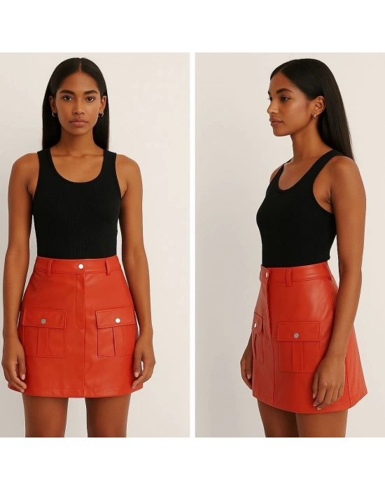 Önden İki Cepli Deri Etek Turuncu H240040