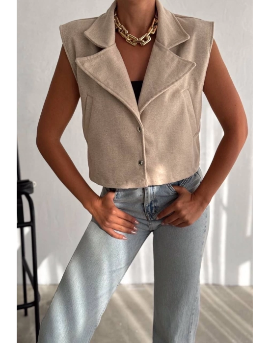 Önü Çıtçıtlı Cepli Kaşe Yelek Bej F2253