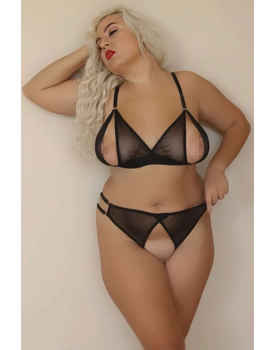 Özel Bölgeleri Açık Siyah Transparan Fantazi Sütyen Takımı Tm1307