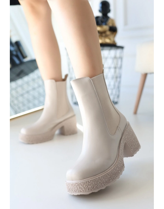 Paigo Bej Cilt Topuklu Bot - Bamido