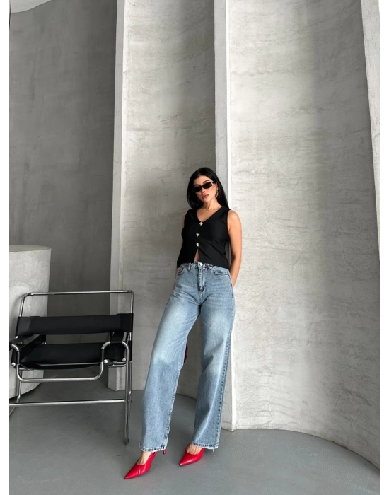 Palazzo Straight Kar Yıkama Jeans Pantolon Mavi D2008