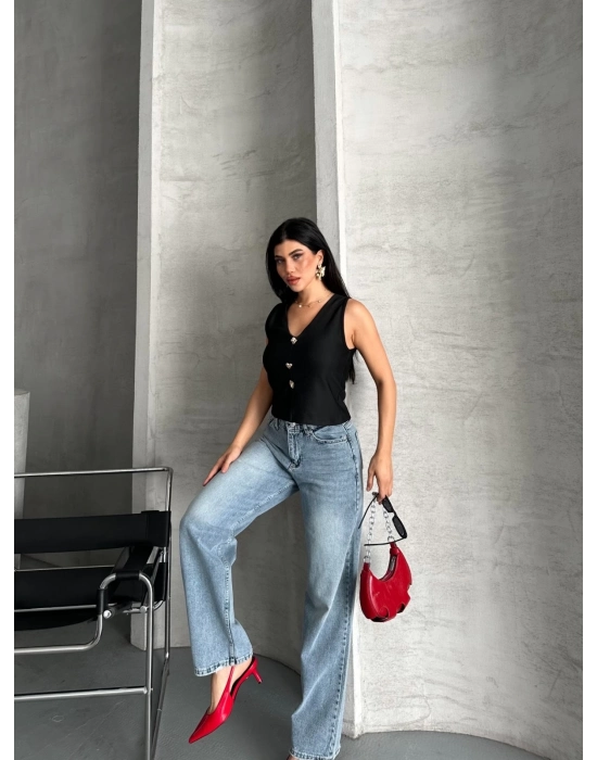 Palazzo Straight Kar Yıkama Jeans Pantolon Mavi D2008