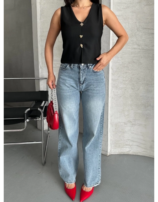 Palazzo Straight Kar Yıkama Jeans Pantolon Mavi D2008