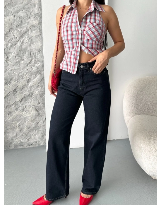 Palazzo Süper Taş Enzim Tint Yıkama Koyu Lacivert Jeans Pantolon D2008