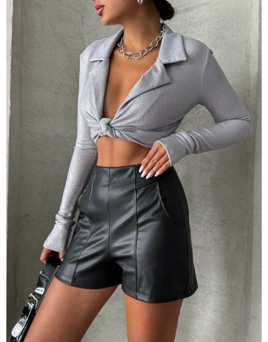 Parçalı Cepli Deri Şort Siyah W26312