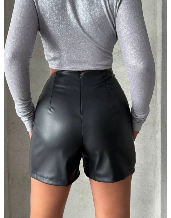 Parçalı Cepli Deri Şort Siyah W26312