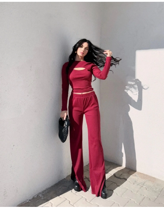 Pencereli Detaylı Alt Üst Takım Bordo W3864