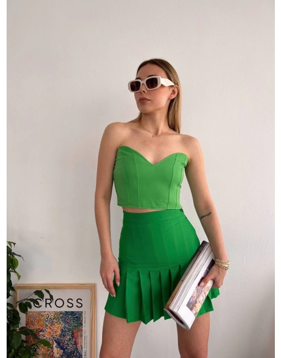 Pileli Düğmeli Etek Açık Yeşil S24811