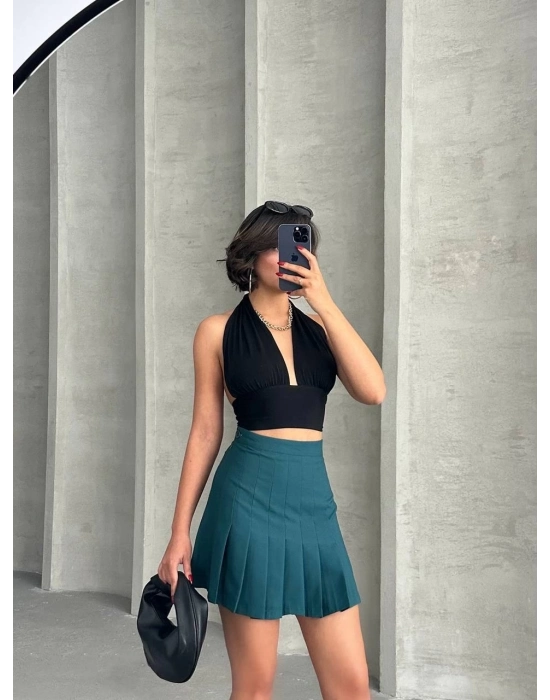 Pileli Düğmeli Etek Yeşil S24811