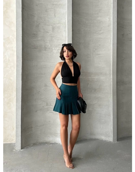 Pileli Düğmeli Etek Yeşil S24811