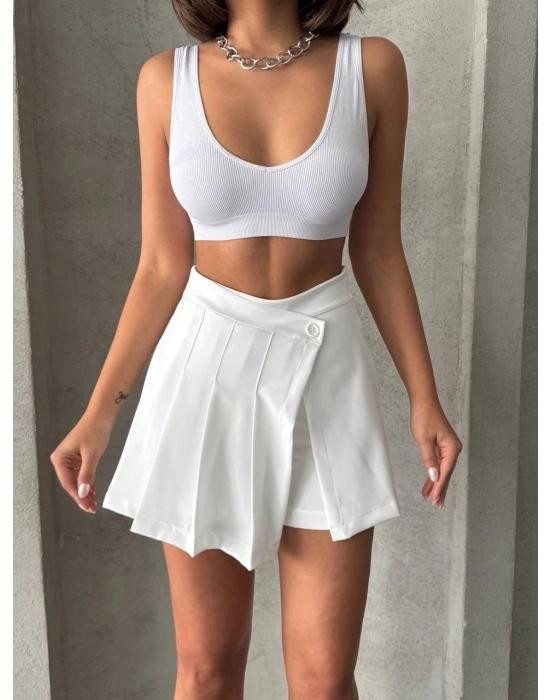 Piliseli Düğmeli Şort Etek Beyaz S25813