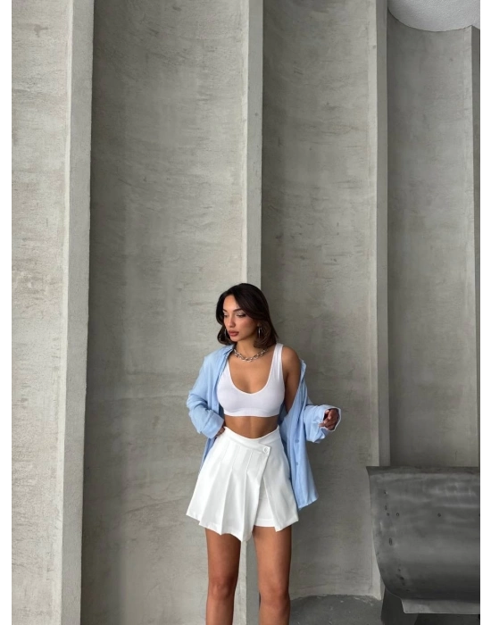 Piliseli Düğmeli Şort Etek Beyaz S25813