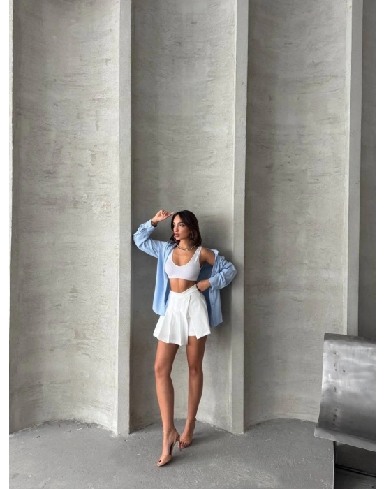 Piliseli Düğmeli Şort Etek Beyaz S25813