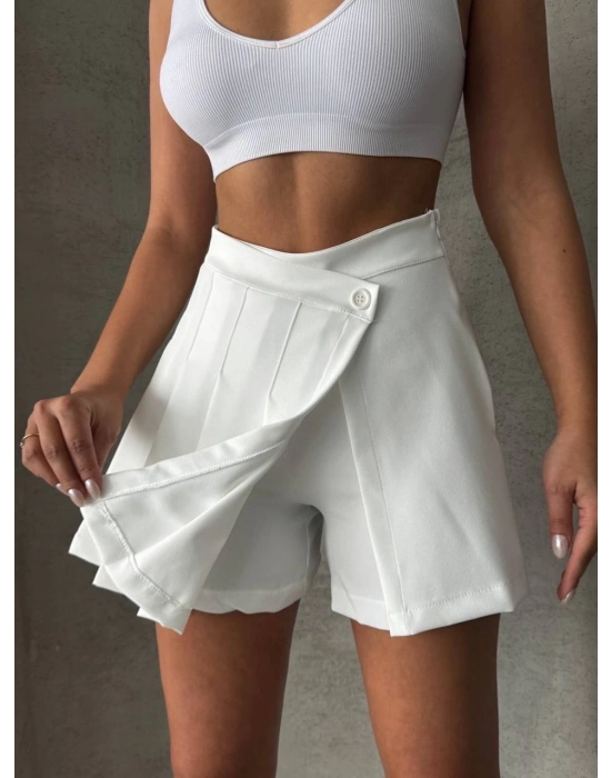 Piliseli Düğmeli Şort Etek Beyaz S25813