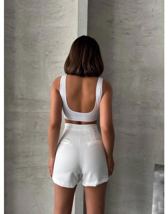 Piliseli Düğmeli Şort Etek Beyaz S25813