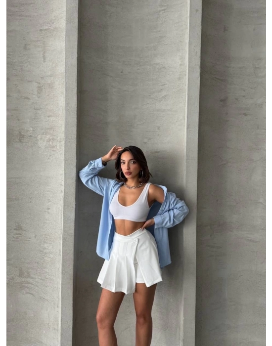 Piliseli Düğmeli Şort Etek Beyaz S25813