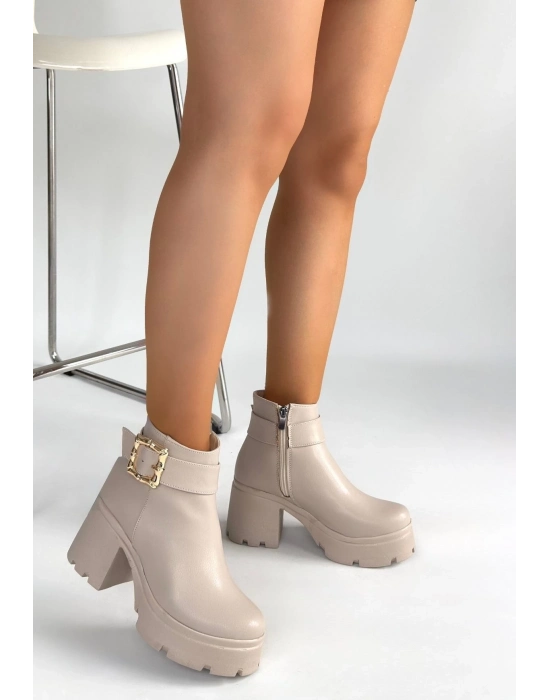 Pinma Bej Cilt Topuklu Bot