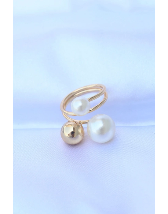 Pirinç Gold Renk Ayarlanabilir İnci Taşlı Yüzük - Bamido