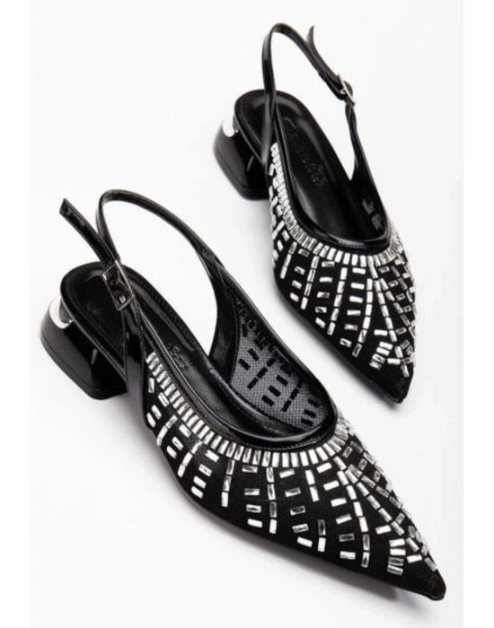 Piyar Siyah Taşlı Topuklu Ayakkabı