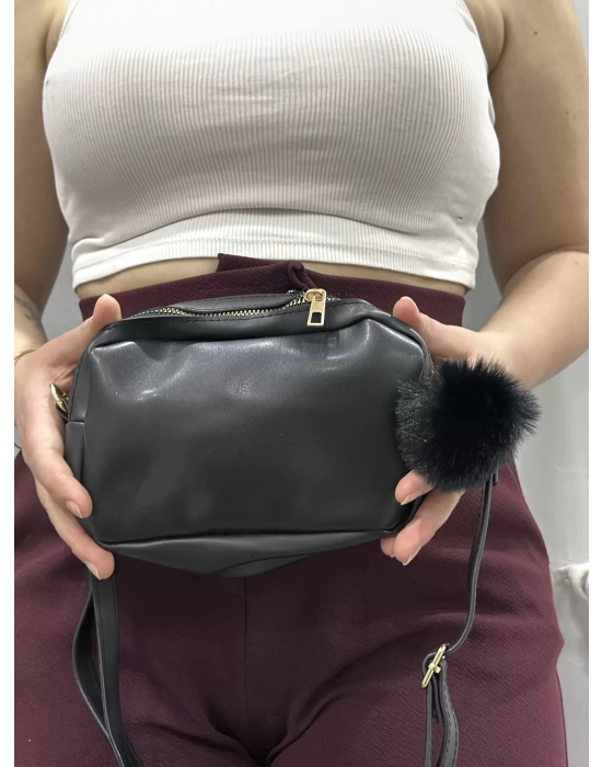 Ponpon Siyah Cilt Çanta