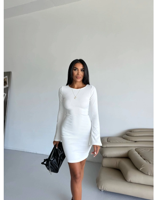 Prenses Kol Esnek Kumaş Elbise Beyaz F2334