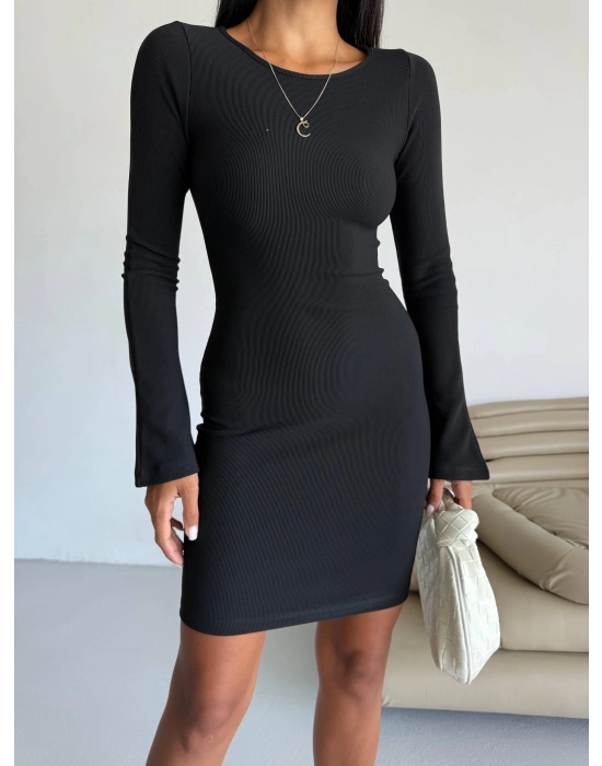 Prenses Kol Esnek Kumaş Elbise Siyah F2334