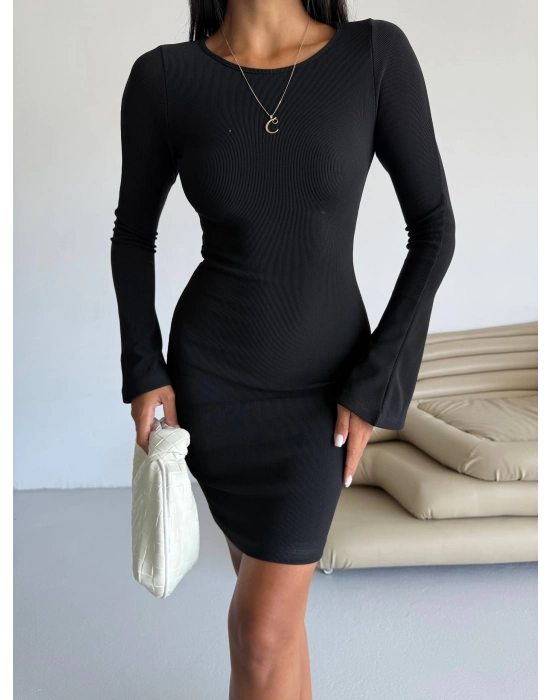 Prenses Kol Esnek Kumaş Elbise Siyah F2334