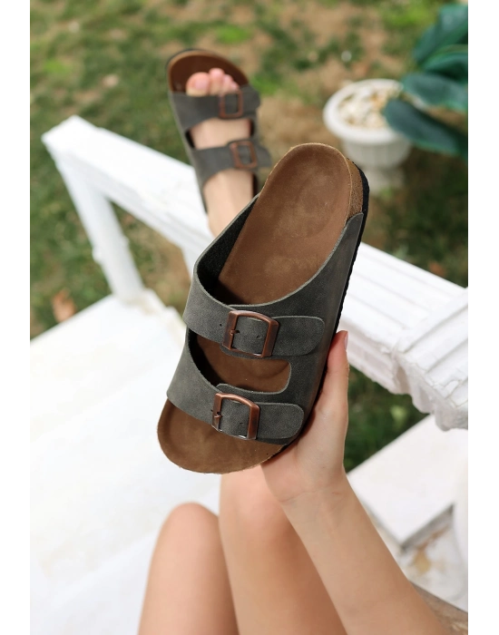 Rıno Haki Yeşil Nubuk Terlik - Bamido