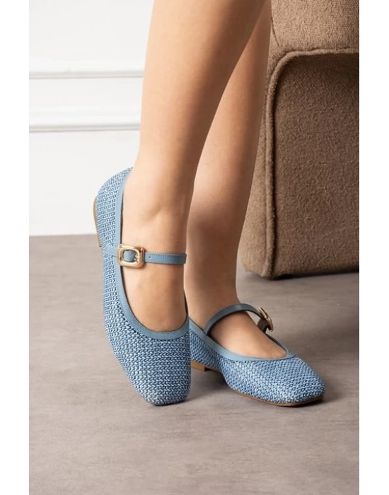 Rives Mavi Cilt Hasır Dokumalı Babet Ayakkabı