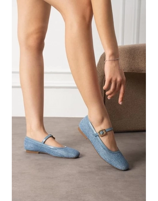 Rives Mavi Cilt Hasır Dokumalı Babet Ayakkabı