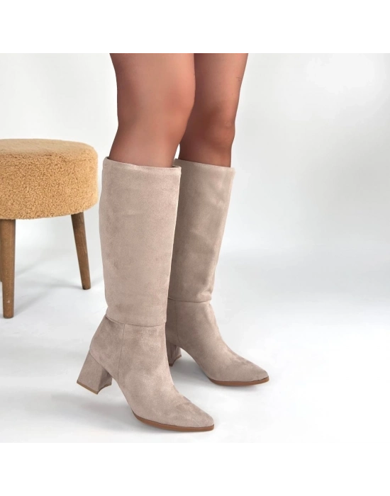 Roksa Bej Süet Topuklu Çizme