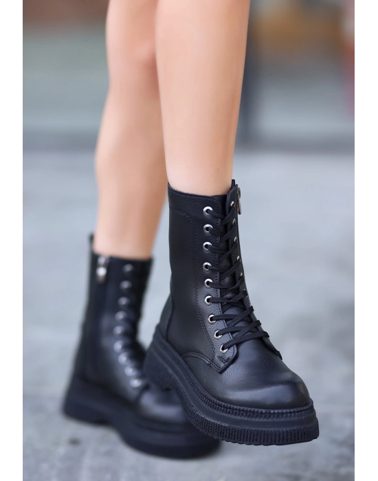 Roxan Siyah Cilt Bağcıklı Bot - Bamido