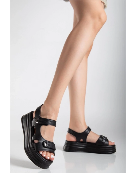 Saide Siyah Cilt Cırt Cırtlı Sandalet - Bamido