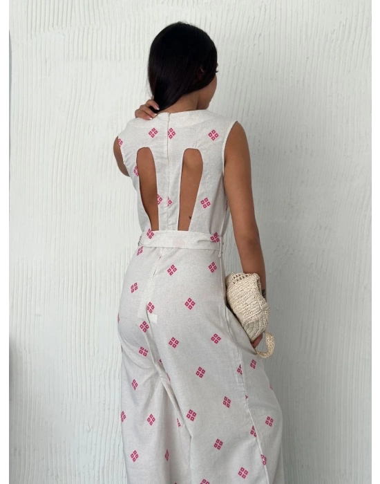 Sırt Dekolteli Keten Beyaz Tulum S1036