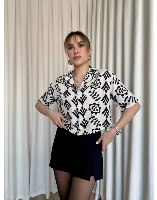 Siyah Beyaz Baskılı Crop Gömlek