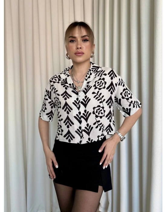 Siyah Beyaz Baskılı Crop Gömlek