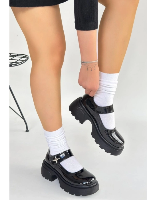 Siyat Siyah Rugan Dolgu Topuk Oxford Ayakkabı