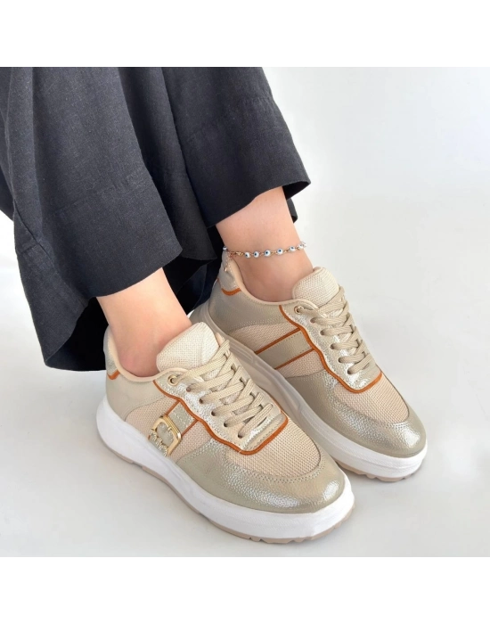 Tanwe Bej Cilt Bağcıklı Spor Ayakkabı