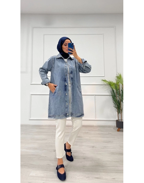 Taşlı Tunik Ceket Kar Yıkamalı Mavi D2516