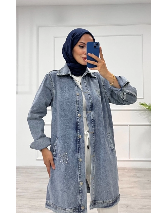 Taşlı Tunik Ceket Kar Yıkamalı Mavi D2516
