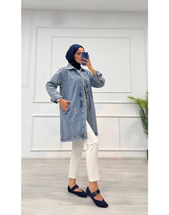 Taşlı Tunik Ceket Kar Yıkamalı Mavi D2516