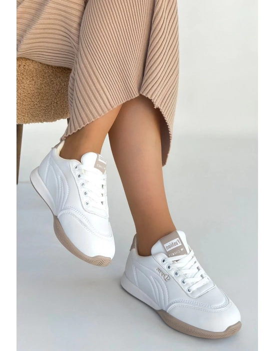 Tawen Beyaz Cilt Bağcıklı Spor Ayakkabı