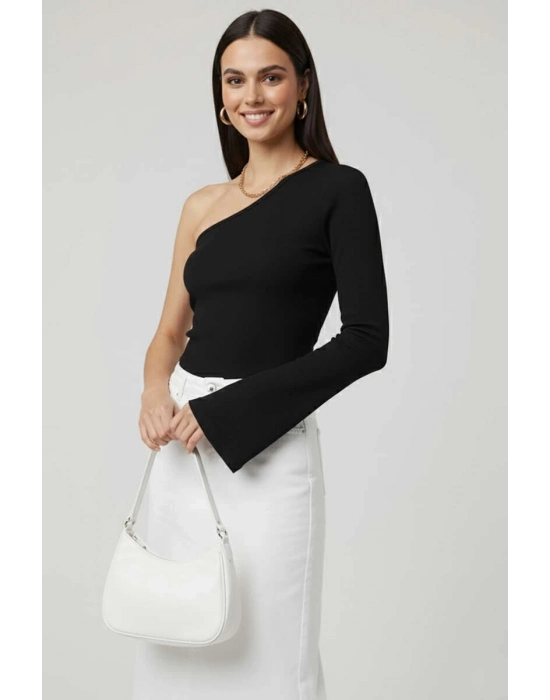 Tek Omuzlu Basic Bluz Siyah T4275
