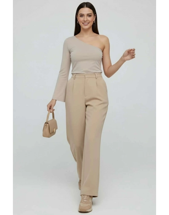 Tek Omuzlu Basic Bluz Vizon T4275