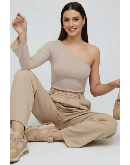 Tek Omuzlu Basic Bluz Vizon T4275