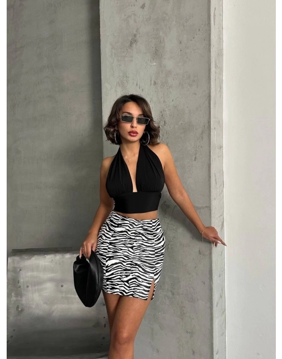 Tek Yırtmaçlı Zebra Desenli Deri Etek Beyazsiyah W24475-s