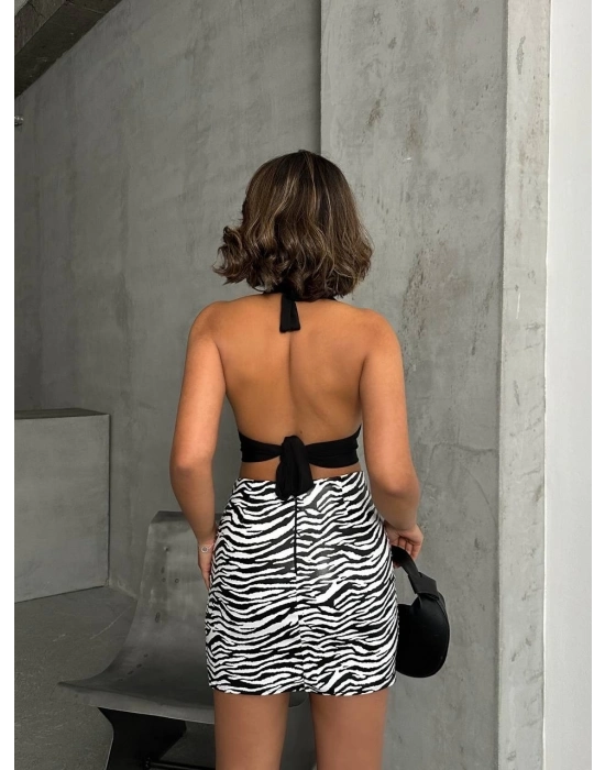 Tek Yırtmaçlı Zebra Desenli Deri Etek Beyazsiyah W24475-s